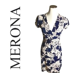 Merona Navy Blue Geometric Floral Print V- Neck Tie Back Midi Dress Size XS